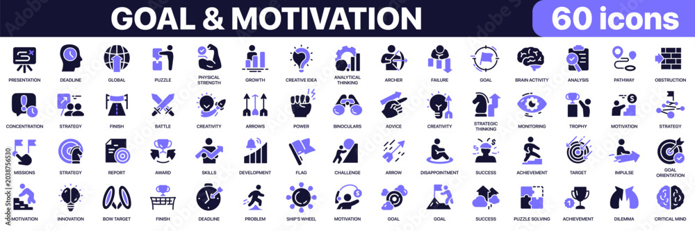 Fototapeta premium Goal and motivation icon collection in purple colored style. Includes achievement, strategy, planning, leadership, success, productivity and personal growth icons in flat fill style