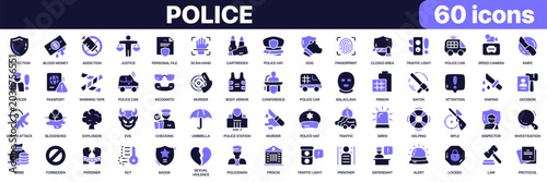 Police icon collection in purple colored style. Includes law enforcement, investigation, public safety, crime prevention, justice and security icons in flat fill style