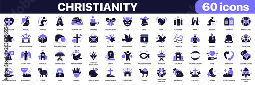 Christianity icon collection in purple colored style. Includes prayer, faith, church, scripture, charity, worship and Christian tradition icons in flat fill style