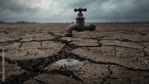 Drought-Prone Landscape with Rusty Faucet and Cracked Ground Under Cloudy Sky