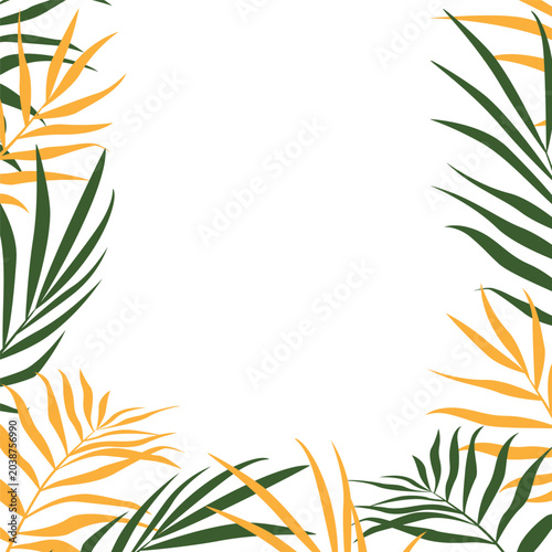 Tropical leaf border frame with green and yellow palm leaves