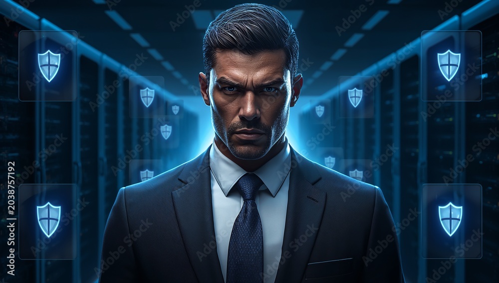 Fototapeta premium Professional businessman in suit with digital security shield icons background