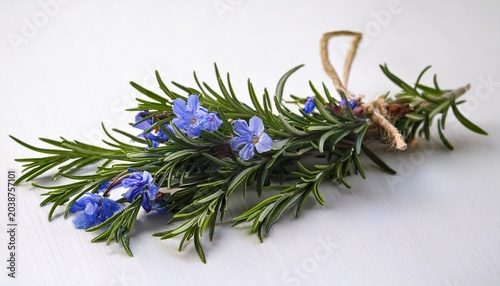 Twig Of Rosemary With Blue Flowers On A White Table
