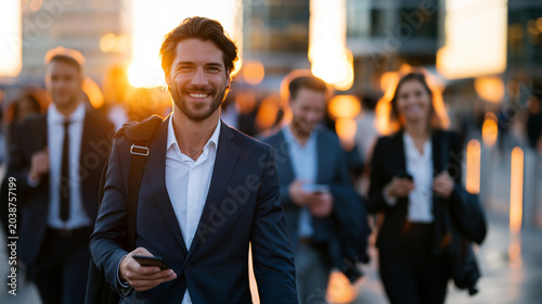 Young urban professionals walking confidently through busy financial district at golden hour after work, relaxed end of day energy, some loosening ties and carrying suit jackets ov