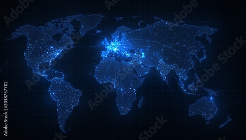 Digital World Map with Bright Connecting Lines and Points Highlighting Global Connectivity and Data Network