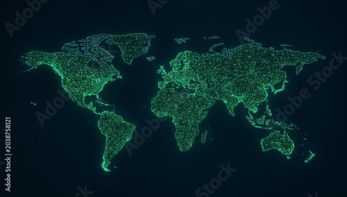 Digital World Map Representation with Glowing Data Points and Connectivity