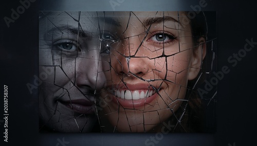 Woman with a Warm Smile Peering Through Broken Glass with a Sad Face Reflection