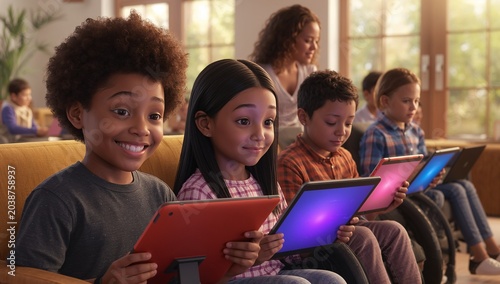 Group of diverse children using tablets in a classroom with teacher and large windows