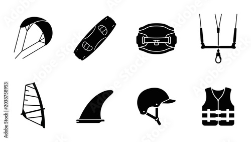 Foto Kitesurfing Gear Icons, Water Sports Equipment Set, Windsurf Board, Safety Vest,