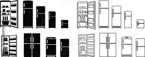 Refrigerator icon set collection with single door double door and open fridge appliance symbols in solid and outline styles isolated on transparent background