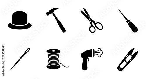Foto Sewing and Tailoring Tools Icon Set: Needle, Thread, Scissors, Hammer, Hat, Awl,