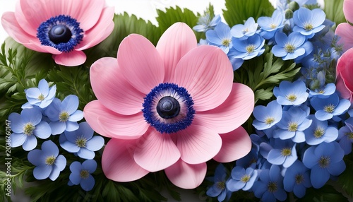 Delicate Pink Anemone Flowers And Blue Forget Me Nots Are Artfully Arranged With Lush Green Leaves In A Beautiful Botanical Composition Pink Flower Blue Flower Floral Arrangement