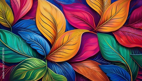 Vibrant Abstract Tropical Leaves With Intricate Veins And Curly Edges Blending With Fluid Acrylic Paint Textures That Showcase Visible Brushstrokes