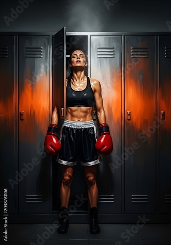 Exhausted Female Boxer Resting After Fight in Underground Locker Room