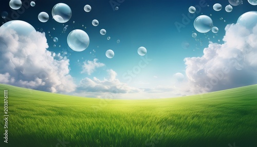 A Frutiger Aero Style Background Featuring A Green Field With Clouds And Bubbles Presenting A Clean And Modern Design With An Airy And Whimsical Aesthetic