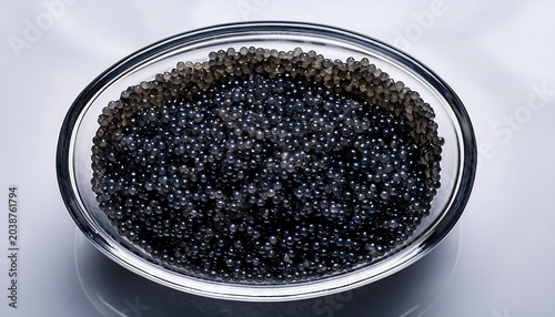 Shiny Black Caviar Roe Fills A Clear Dish Viewed From Directly Above