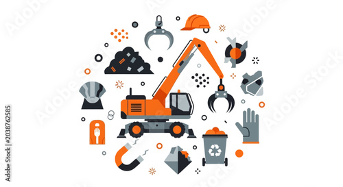 Industrial Recycling and Waste Management Flat Illustration with Excavator, Scrap Metal, and Safety Gear Icons