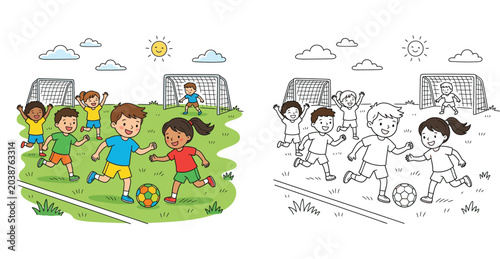 Kids Playing Soccer in Park Illustration with Coloring Page Version, Children Enjoying Football Game Outdoors, Active Little Boys and Girls Sports Background for Education and Fun