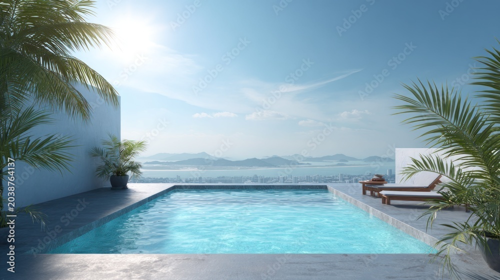 Fototapeta premium Luxury rooftop swimming pool overlooks a bright coastal metropolitan panorama under clear skies.