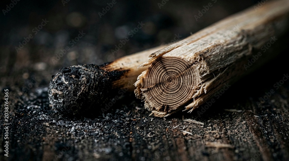 Obraz premium Charred wooden stick with circular rings and dust on dark surface