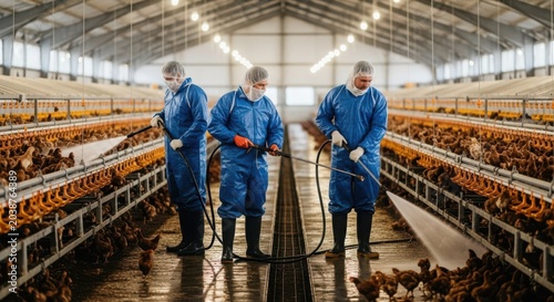 Farm workers in blue hazmat suits sanitizing a broiler chicken farm with spraying equipment