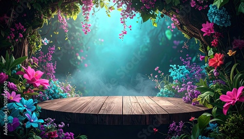Empty wooden podium stage in a magical, enchanted forest background with glowing light mist and colorful blooming fantasy flowers for product presentation