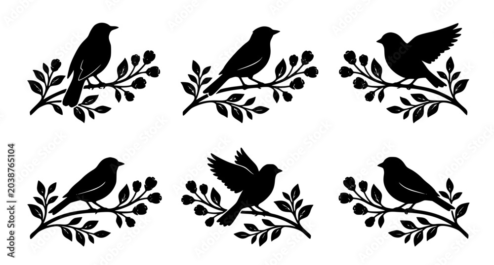 Obraz premium Bird silhouettes on budding branches vector set black decorative nature illustration