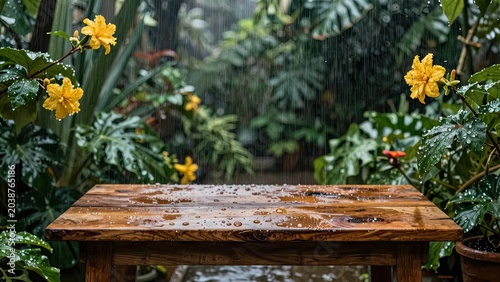 Wet wooden table in rainy tropical garden with yellow flowers product display background