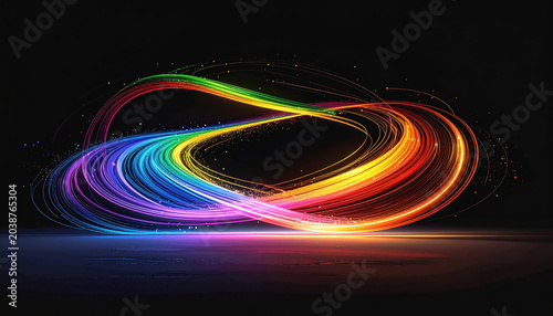 Abstract colorful light swirl and loop in a dark studio, representing infinity