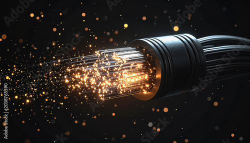 Close-up of Fiber Optic Cable with Golden Light Particles Exploding