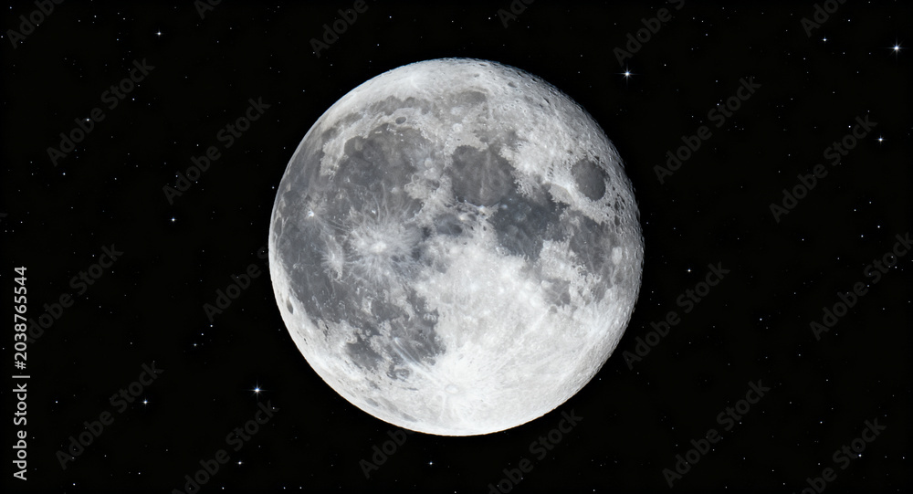 Obraz premium High-resolution photograph of the majestic full moon, detailed craters and luminous surface. Centered against a deep, star-studded night sky, capturing cosmic wonder and celestial beauty