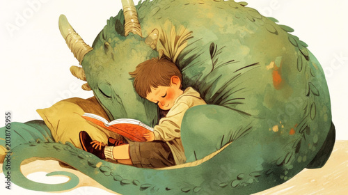 Young boy reading a book while cuddling with a large green dragon in a cozy indoor setting, showcasing a whimsical and imaginative atmosphere