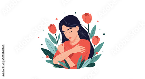 Tableau sur toile Illustration of a young woman embracing herself surrounded by beautiful tulips