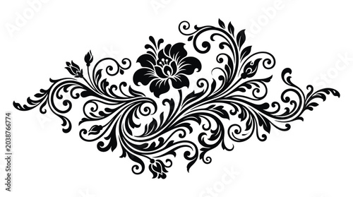 Canvastavla Black floral ornament with swirling leaves on a white background