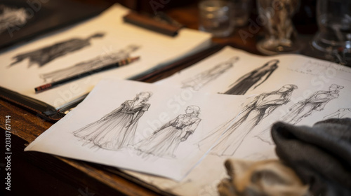 Fashion design sketches featuring various dress styles and details on a wooden table with a pencil and additional sketches in the background