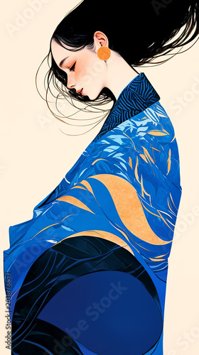 Asian woman with flowing hair, wearing a vibrant blue kimono adorned with floral patterns, poses gracefully against a soft pastel background, embodying elegance and cultural beauty