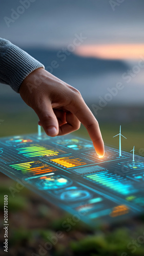 Sustainable finance esg investing dashboard with finger touch on hologram chart and wind turbine icon for clean energy performance