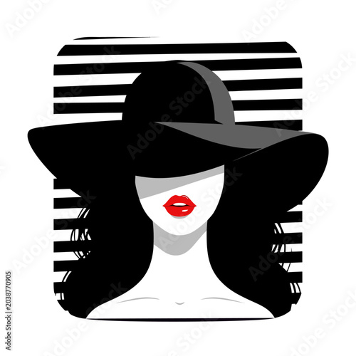 Chic black hat woman vector illustration with bold red lips and graphic striped background