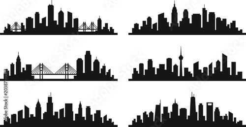 Urban landscape showcases various city skylines with notable buildings and bridges.
