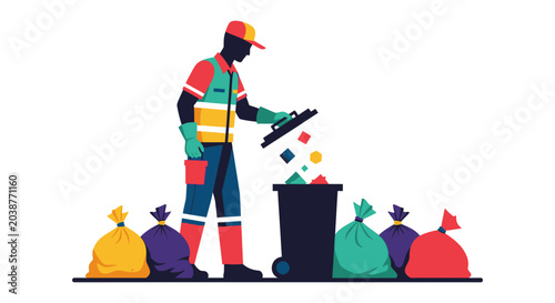 Εκτύπωση καμβά Waste management worker emptying trash into bin vector illustration