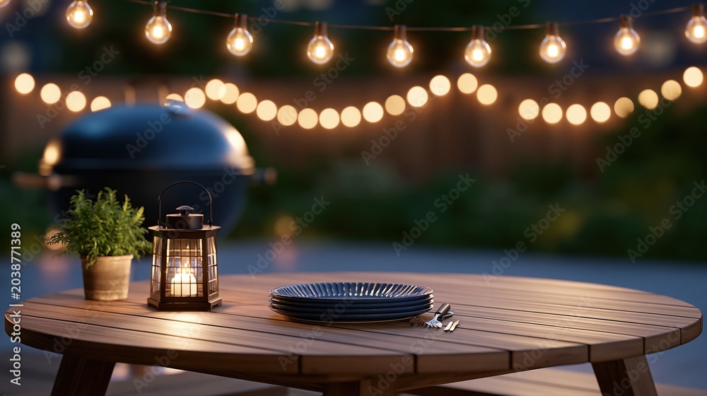 Obraz premium Cozy backyard evening with string lights, grill, and table setting for a barbecue dinner.