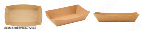 Fotografie Eco-friendly kraft paper food tray isolated on a light background, shown in top, angled, and front views