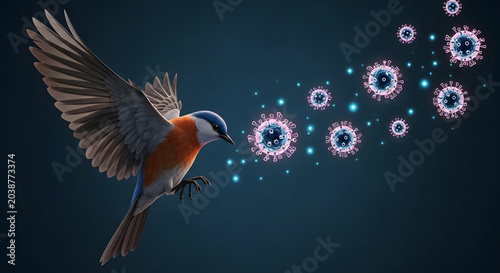 Illustration of a Small Wild Bird Flying Towards Pink Viral Particles, Avian Influenza and Zoonotic Disease Concept