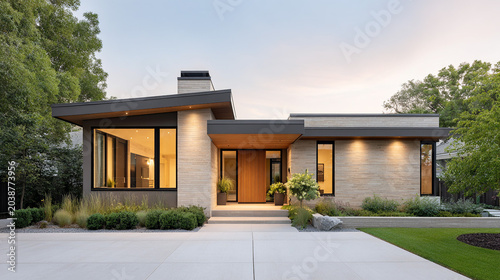 Elegant modern home at sunset with minimalist landscaping and warm ambient lighting, photorealistic exterior design image