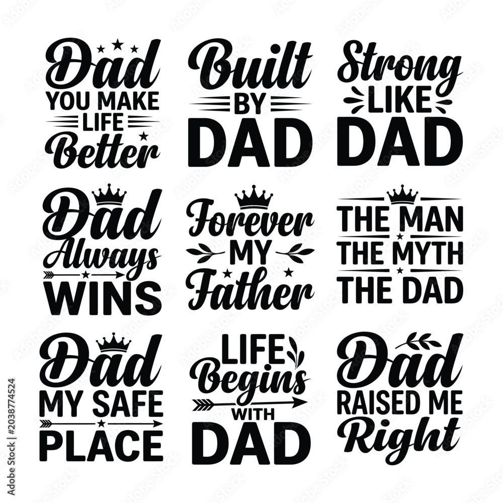 Obraz premium Collection of typographic quotes and phrases about dad and fatherhood on white background