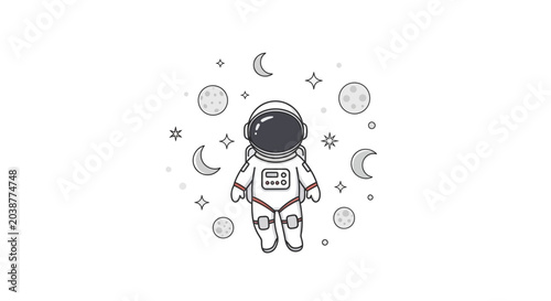 Photos Minimalist hand drawn astronaut floating in space surrounded by stars and planets