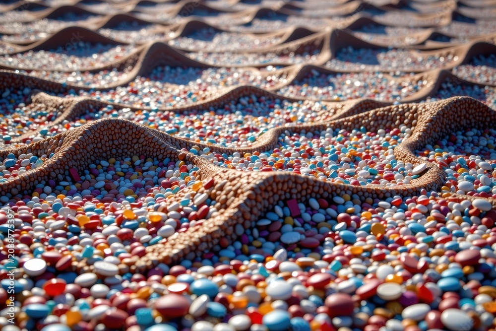 Obraz premium Colorful pebbles ripple across textured, wavy surfaces