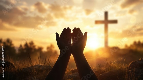 Person praying to christian cross at sunset over nature landscape with religion