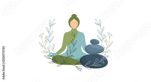 Photography Meditating person with stacked zen stones and floral ornaments.