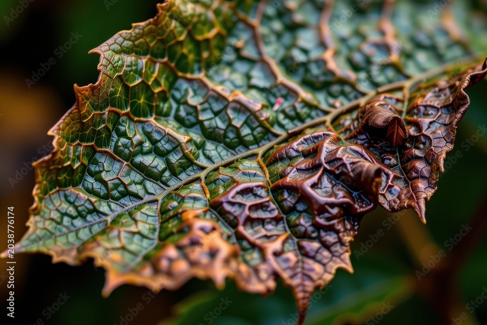 Fototapeta premium Weathered leaf shows intricate veins and fading green